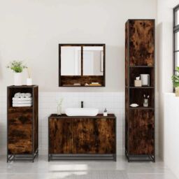 Berkfield Home 3 Piece Bathroom Furniture Set Smoked Oak Engineered Wood in Brown - thumbnail 3