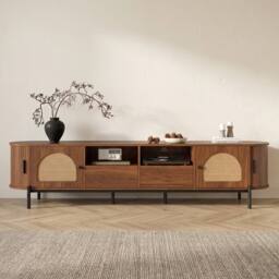 STILVORA TV Cabinet with Rattan, Sliding Doors & Drawers in Walnut - thumbnail 1
