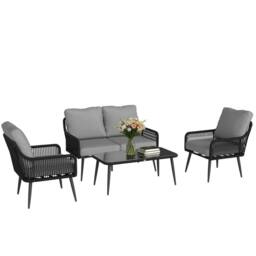 OUTSUNNY Garden Furniture Set, Tempered Glass with 3 Chairs in Black - thumbnail 2