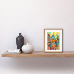 "Artery8 Wall Art Print Jewish Synagogue Building Multicoloured Folk Art Watercolour Painting Artwork Framed 9X7 Inch in Beige - Size: W7"" x H9""" - thumbnail 2