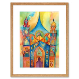 "Artery8 Wall Art Print Jewish Synagogue Building Multicoloured Folk Art Watercolour Painting Artwork Framed 9X7 Inch in Beige - Size: W7"" x H9""" - thumbnail 1
