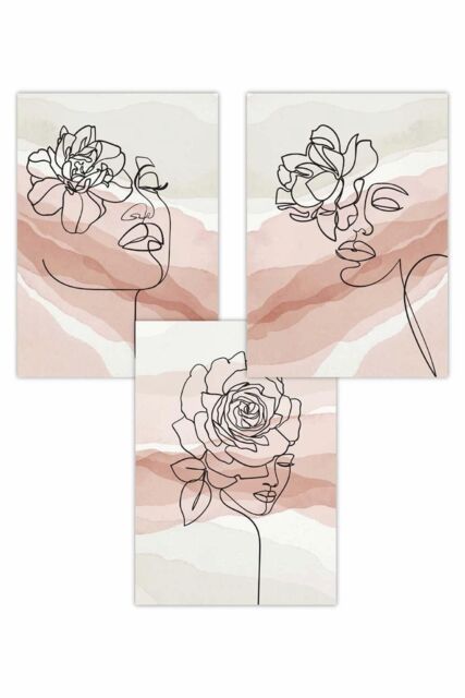 ARTZE Set of 3 Female Line Art Floral Faces on Pink & Ivory Art Posters in Light Pink - Size: W50 cm x H70 cm - image 1