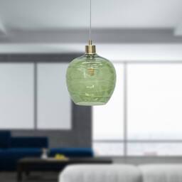 First Choice Lighting Leah - Green Ripple Glass Globe with Satin Brass Pendant Fitting - thumbnail 3
