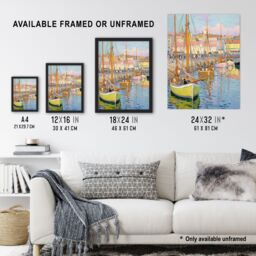 Artery8 Wall Art Print Fishermen Rest Boats in the Harbour Oil Painting Pastel Framed Art in Blue - Size: A4 - thumbnail 3