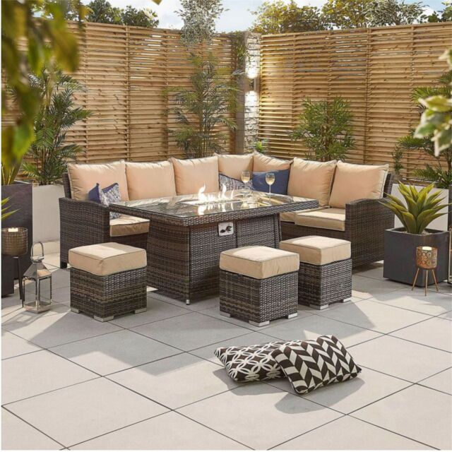 Direct Wicker 7 Seater Outdoor Garden Rattan Corner Sofa Set with Fire Pit Table, Brown - Size: 4 Pack - image 1