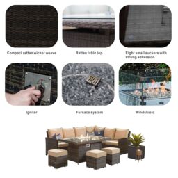 Direct Wicker 7 Seater Outdoor Garden Rattan Corner Sofa Set with Fire Pit Table, Brown - Size: 4 Pack - thumbnail 5