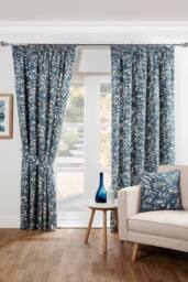 Sundour Aviary Pencil Pleat Curtains Taped Curtain Pair in Blue - Size: 117 cm width x 137 cm drop - thumbnail 1