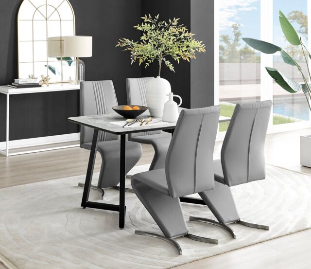 FurnitureboxUK Carson White Marble Effect Dining Table & 4 Willow Chairs in Grey - image 1