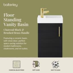 Balterley Floor Standing Vanity Basin 400mm Charcoal & Brushed Brass Handle in Black - thumbnail 2