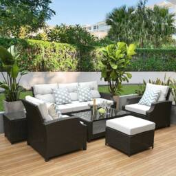 FURNITURE ONE 6 Pieces PE Rattan Garden Furniture Set in Grey - Size: 6 Person - thumbnail 1