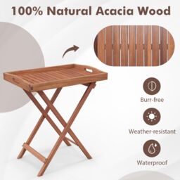 Costway Patio Wooden Side Table Outdoor & Indoor Folding Tea Coffee Table w/ Tea Tray in Natural - thumbnail 4