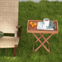 Costway Patio Wooden Side Table Outdoor & Indoor Folding Tea Coffee Table w/ Tea Tray in Natural - thumbnail 3