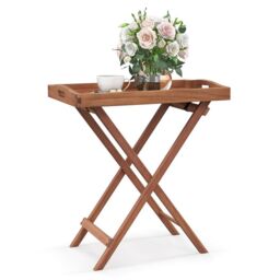 Costway Patio Wooden Side Table Outdoor & Indoor Folding Tea Coffee Table w/ Tea Tray in Natural - thumbnail 1