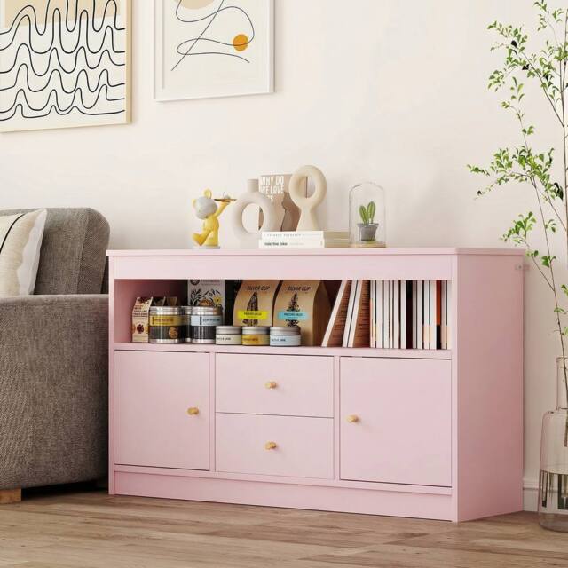 CASART Kids Toy Storage Organizer Wooden Bookshelf Storage Chest w/ 2 Drawers in Pink - image 1