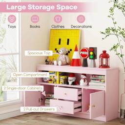 CASART Kids Toy Storage Organizer Wooden Bookshelf Storage Chest w/ 2 Drawers in Pink - thumbnail 9