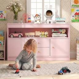 CASART Kids Toy Storage Organizer Wooden Bookshelf Storage Chest w/ 2 Drawers in Pink - thumbnail 4