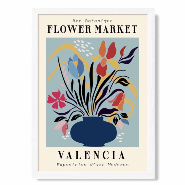 ARTZE Valencia Blue & Pink Flower Market Exhibition Framed Print SIZE: A2 with White Frame in Mid Blue - Size: A4 - image 1