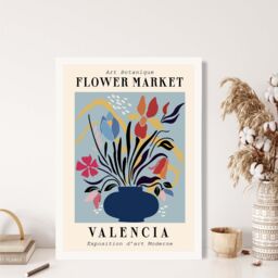 ARTZE Valencia Blue & Pink Flower Market Exhibition Framed Print SIZE: A2 with White Frame in Mid Blue - Size: A4 - thumbnail 2