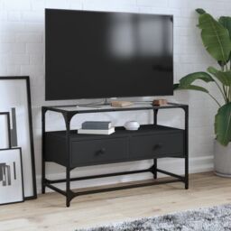 Berkfield Home TV Cabinet with Glass Top Black 80x35x51 cm Engineered Wood - Size: 80 x 35 x 51 cm