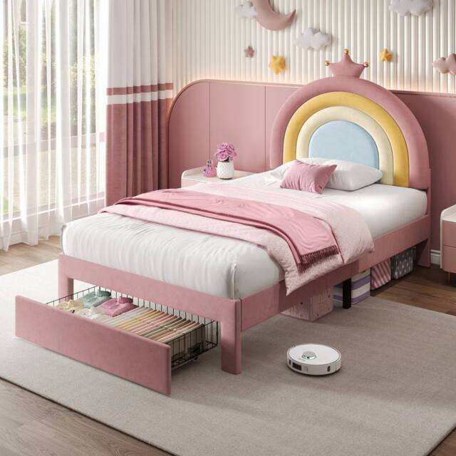 BTM Pink Velvet Upholstered Bed with Adjustable Rainbow Headboard - Size: Double - image 1