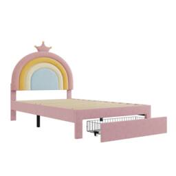 BTM Pink Velvet Upholstered Bed with Adjustable Rainbow Headboard - Size: Double - thumbnail 9