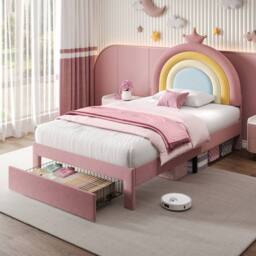 BTM Pink Velvet Upholstered Bed with Adjustable Rainbow Headboard - Size: Double - thumbnail 1