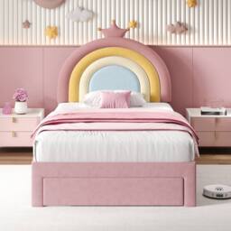 BTM Pink Velvet Upholstered Bed with Adjustable Rainbow Headboard - Size: Double - thumbnail 2