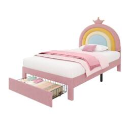 BTM Pink Velvet Upholstered Bed with Adjustable Rainbow Headboard - Size: Double - thumbnail 8