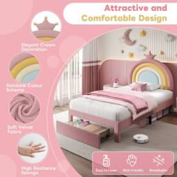BTM Pink Velvet Upholstered Bed with Adjustable Rainbow Headboard - Size: Double - thumbnail 5