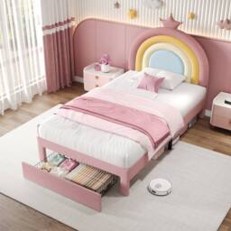 BTM Pink Velvet Upholstered Bed with Adjustable Rainbow Headboard - Size: Double - thumbnail 3
