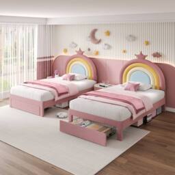 BTM Pink Velvet Upholstered Bed with Adjustable Rainbow Headboard - Size: Double - thumbnail 7