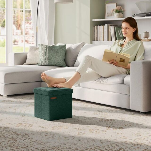 SONGMICS Small Foldable Storage Ottoman Foot Rest Compact Living Room Dorm in Dark Green - image 1