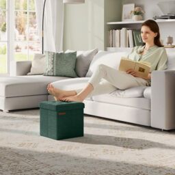 SONGMICS Small Foldable Storage Ottoman Foot Rest Compact Living Room Dorm in Dark Green