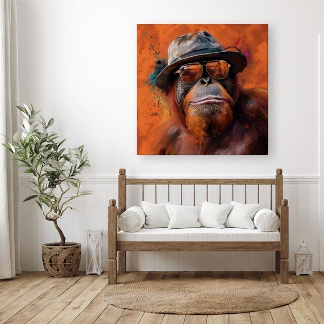 "Warren Reed - Designer Orangutan In Glasses Canvas in Orange - Size: W30"" x H30""" - image 1