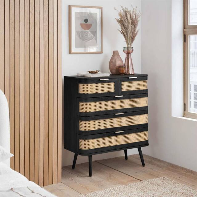 Birlea Rattan 5 Chest of Drawers Sark Black Mid Century Modern - image 1