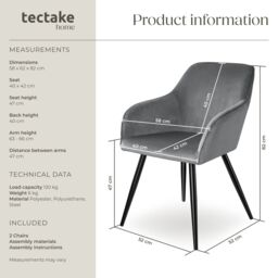 tectake Dining Chair Marilyn Per Piece - Grey/Black in Grey - Size: 1 Pack - thumbnail 6