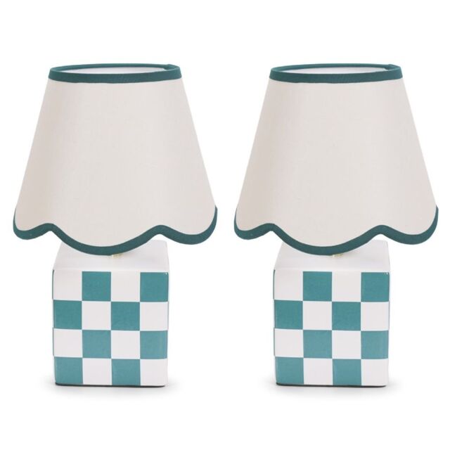 ValueLights Evie Pair Ceramic Cube Table Lamp with Sage Green Trim Linen Scallop Lamp Shade - image 1