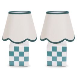 ValueLights Evie Pair Ceramic Cube Table Lamp with Sage Green Trim Linen Scallop Lamp Shade - thumbnail 1