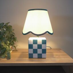 ValueLights Evie Pair Ceramic Cube Table Lamp with Sage Green Trim Linen Scallop Lamp Shade - thumbnail 2