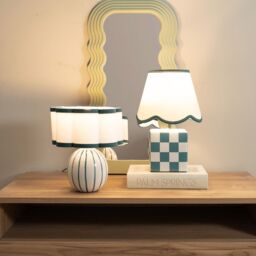 ValueLights Evie Pair Ceramic Cube Table Lamp with Sage Green Trim Linen Scallop Lamp Shade - thumbnail 3