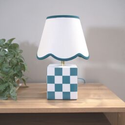 ValueLights Evie Pair Ceramic Cube Table Lamp with Sage Green Trim Linen Scallop Lamp Shade - thumbnail 4