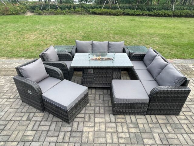 Fimous Rattan Outdoor Furniture Gas Fire Pit Rectangle Dining Table Gas Heater Reclining Chair 3 Seater Sofa Sets with Side Table in Dark Grey - image 1