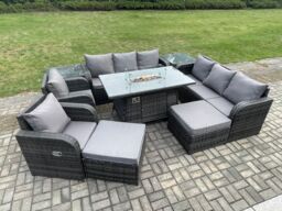 Fimous Rattan Outdoor Furniture Gas Fire Pit Rectangle Dining Table Gas Heater Reclining Chair 3 Seater Sofa Sets with Side Table in Dark Grey - thumbnail 3