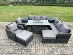 Fimous Rattan Outdoor Furniture Gas Fire Pit Rectangle Dining Table Gas Heater Reclining Chair 3 Seater Sofa Sets with Side Table in Dark Grey - thumbnail 1