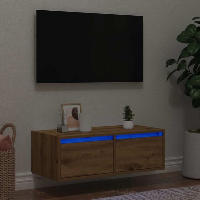 Berkfield Home TV Cabinet with LED Lights Artisan Oak 75x35.5x25 cm in Brown - image 1