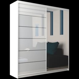 Sliding Wardrobes 4U High Gloss Double Sliding Wardrobe with LED Light W 150 x H 217 x D 62 in White - thumbnail 2