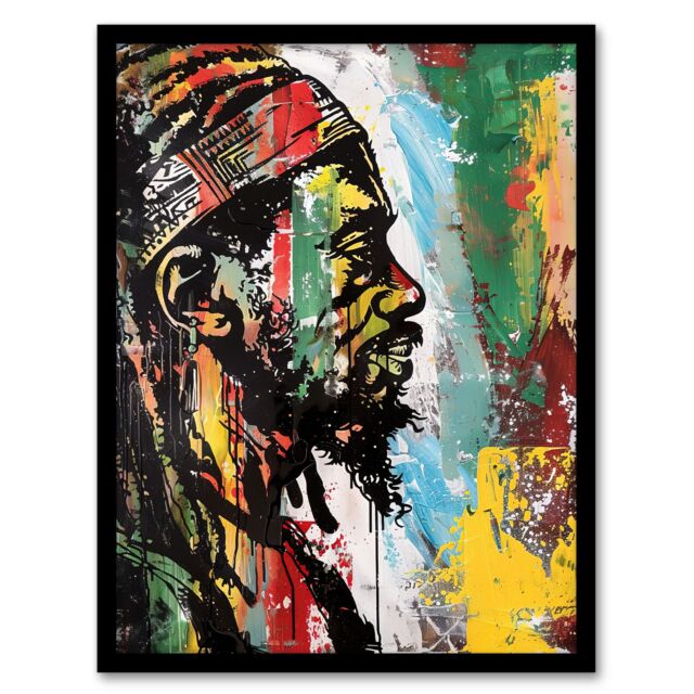 Artery8 Rastafari Man Portrait Modern Colourful Painting Framed Art Print - Size: A4 - image 1