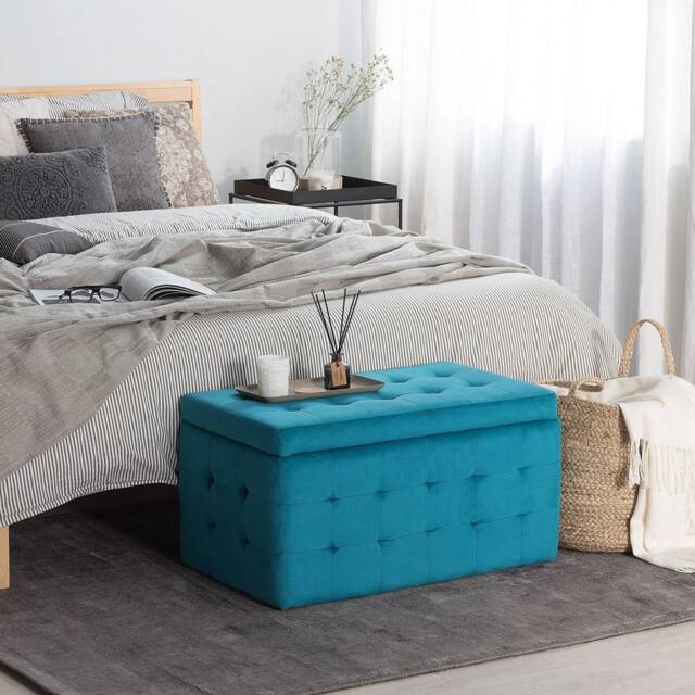 Wyld and Coco Blue Velvet Tufted Storage Ottoman Bench - image 1