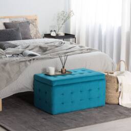 Wyld and Coco Blue Velvet Tufted Storage Ottoman Bench
