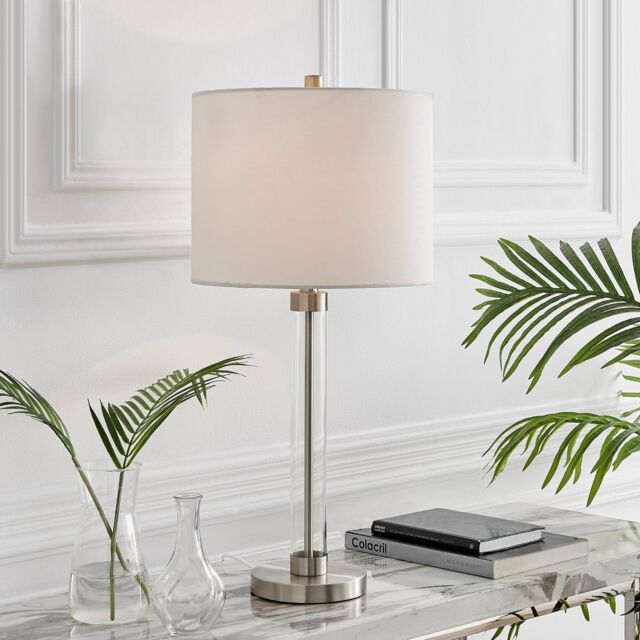 FurnitureboxUK Esme Clear Glass & Silver Metal Table Lamp Light With Fabric Shade (Including Bulb) in White - image 1
